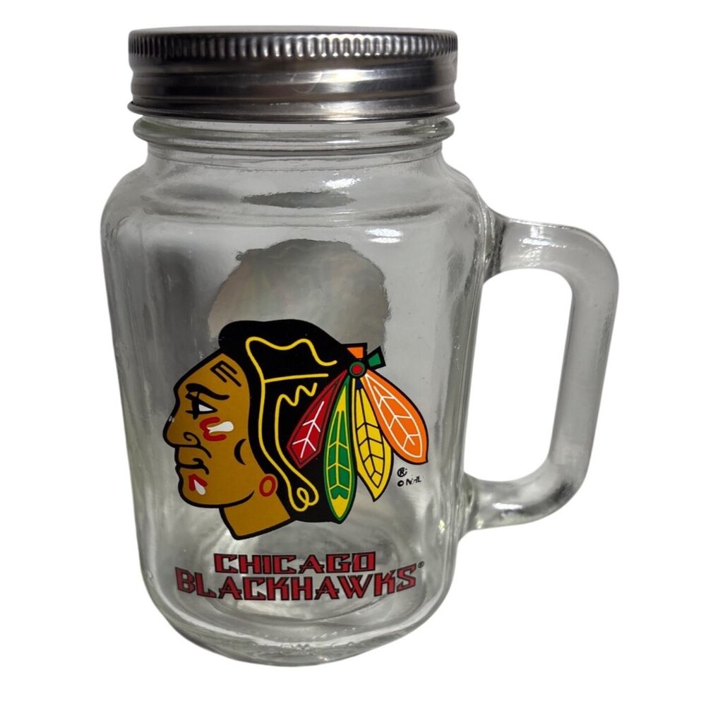 Chicago Blackhawks Glass Mason Jar Mug With Handle & Metal Lid 6" Tall